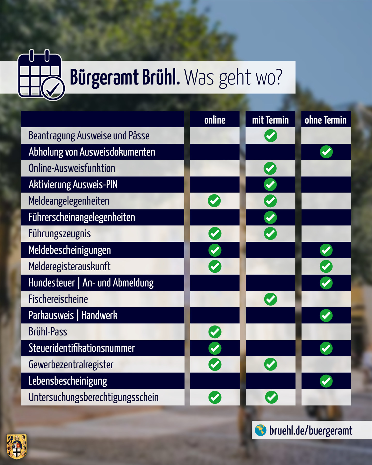 Eine Grafik zeigt in drei Spalten, welche Dienstleistungen, online, mit und ohne Termin erledigt werden können