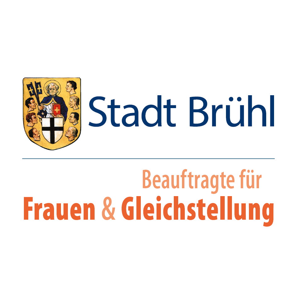 Wappen der Stadt Brühl mit Schriftzug „Stadt Brühl“ und dem Zusatz „Beauftragte für Frauen & Gleichstellung“ in orangefarbener Schrift.