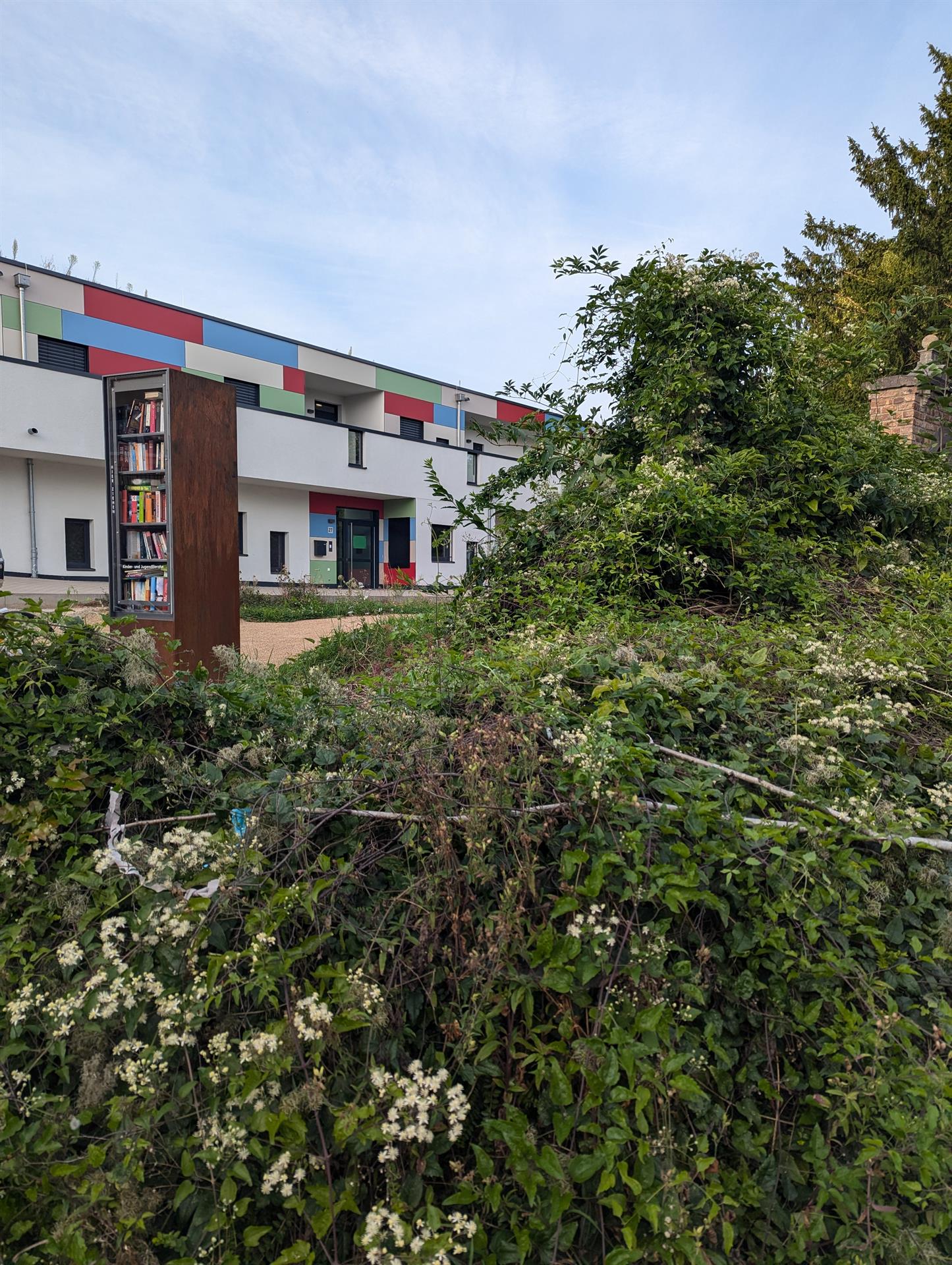 Geplanter Standort, mit Grünfläche im Vordergrund und Gebäuden im Hintergrund